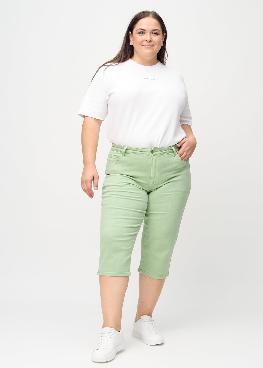 Helbild av en plus-size-modell i ljusgröna regular capris.