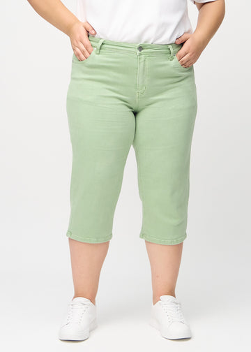 Ljusgröna regular capris, modellnamn Mints, som går rakt ner längs benet på en plus-size-modell, sedda framifrån.