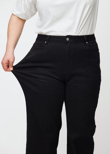 Plus-size-modellen sträcker jeansen vid låret för att visa stretch.
