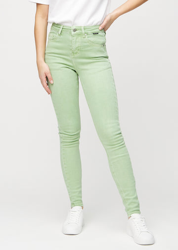 Ljusgröna skinny jeans, modellnamn Mints, som sitter tajt längs benet, sedd framifrån.