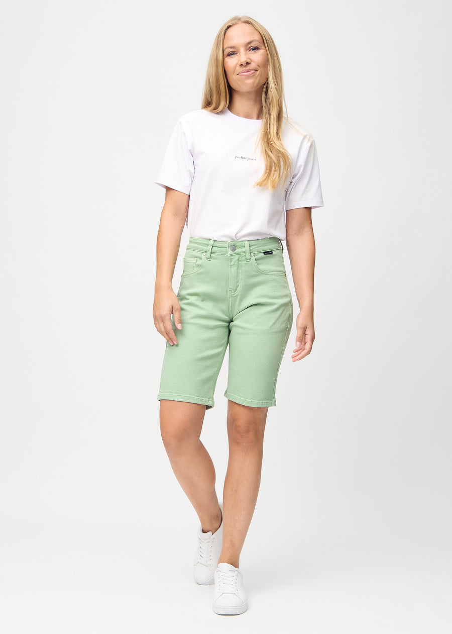Helbild av modell i ljusgröna regular middle shorts.