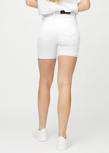 Vita skinny short shorts sedda bakifrån, så att man kan se hela produkten.