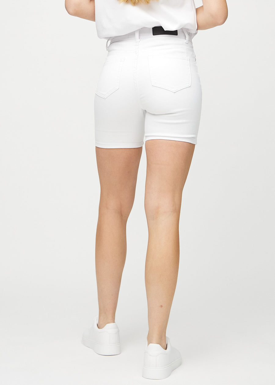 Vita skinny short shorts sedda bakifrån, så att man kan se hela produkten.