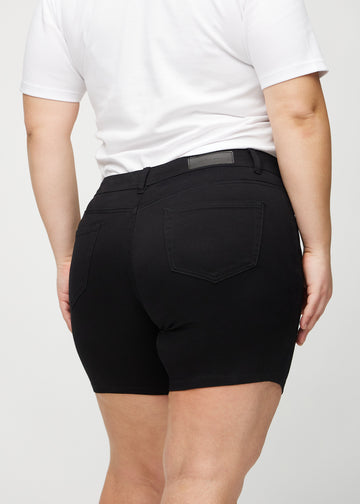 Svarta skinny short shorts sedda bakifrån i närbild på en plus size-modell för att visa detaljer.
