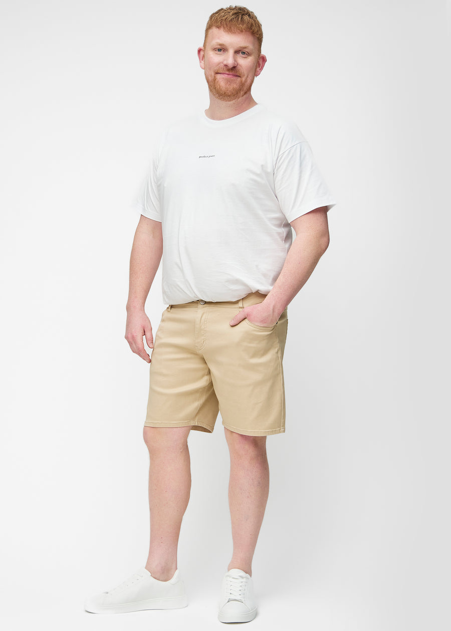Helbild av plus-size modell i beige shorts för herr i färgen Gazelles med regular passform.