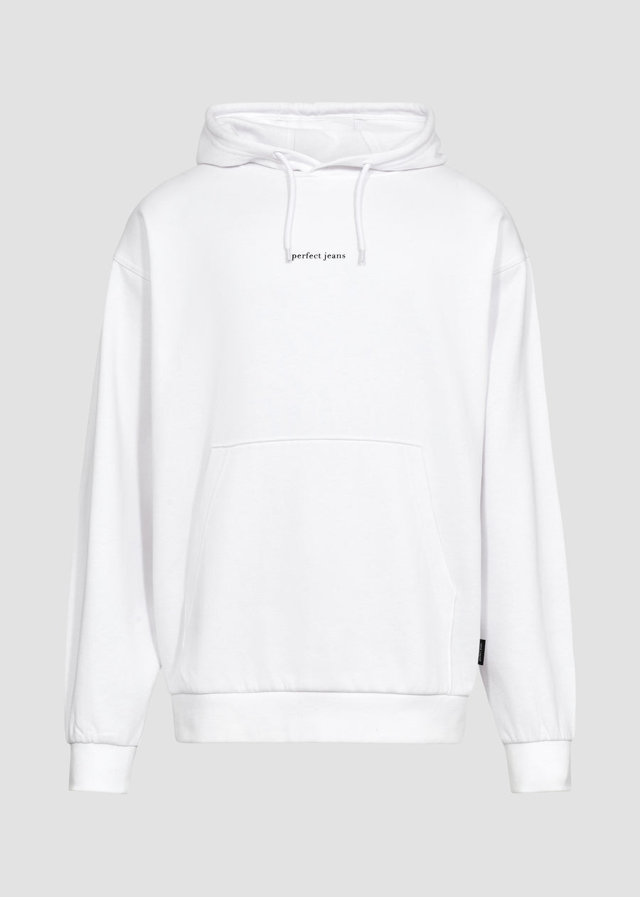 Vit unisex-hoodie från Perfect Jeans med svart logotyp mitt på bröstet, sedd framifrån.